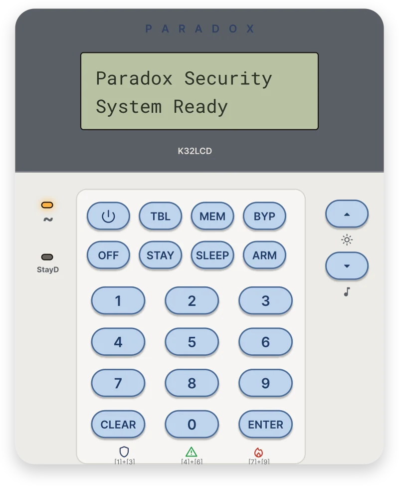Клавиатура Paradox K32LCD: вверху экран с текстом, клавиши TBL, MEM, BYP